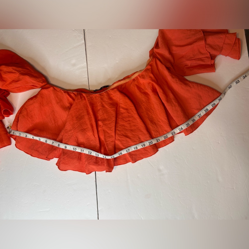 PRETTYLITTLETHING BRIGHT ORANGE WOVEN BARDOT TIERED SLEEVE CROP TOP SIZE 8 - Picture 8 of 14